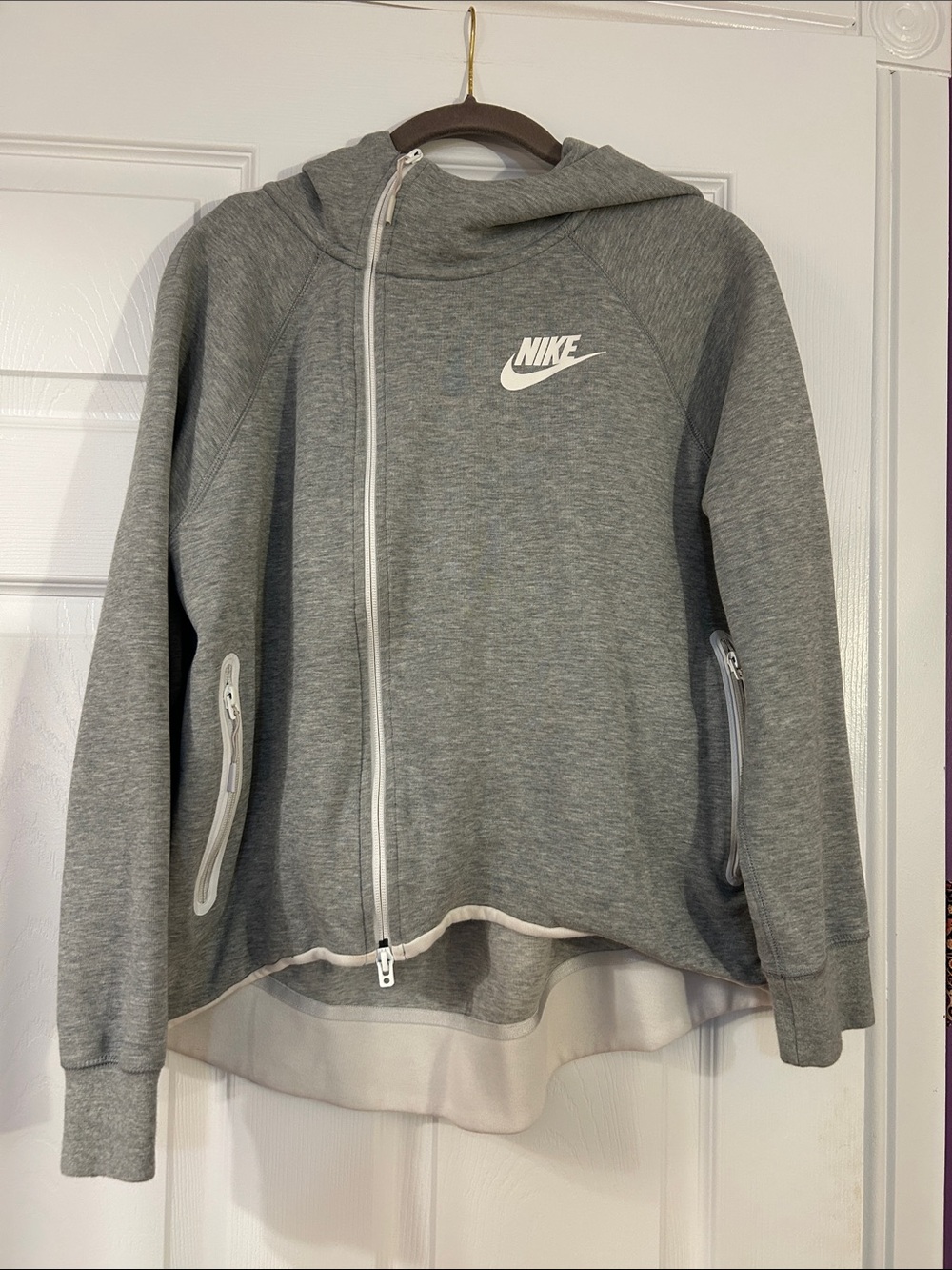 Nike Light Grey Asymmetrical Zip Hoodie with White Logo